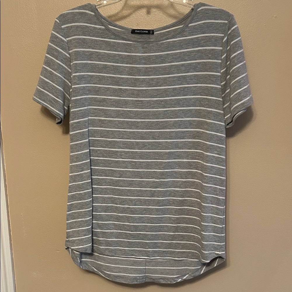 Pink Clover Gray and White Striped Short Sleeve Tee